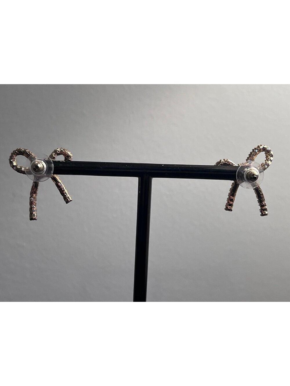 Bow Shaped Stud Earrings in Gold w/ Pave Cubic Zirconia - Picture 11 of 11